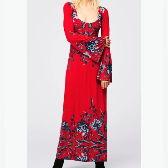 NWT FREE PEOPLE Midnight Garden Red Floral Maxi Dress - Picture 14 of 14
